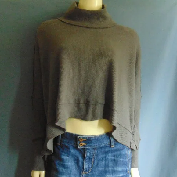Free People NWT Charcoal Gray Ribbed Hi Lo Raw Hem Turtleneck Top Sm - Picture 2 of 10